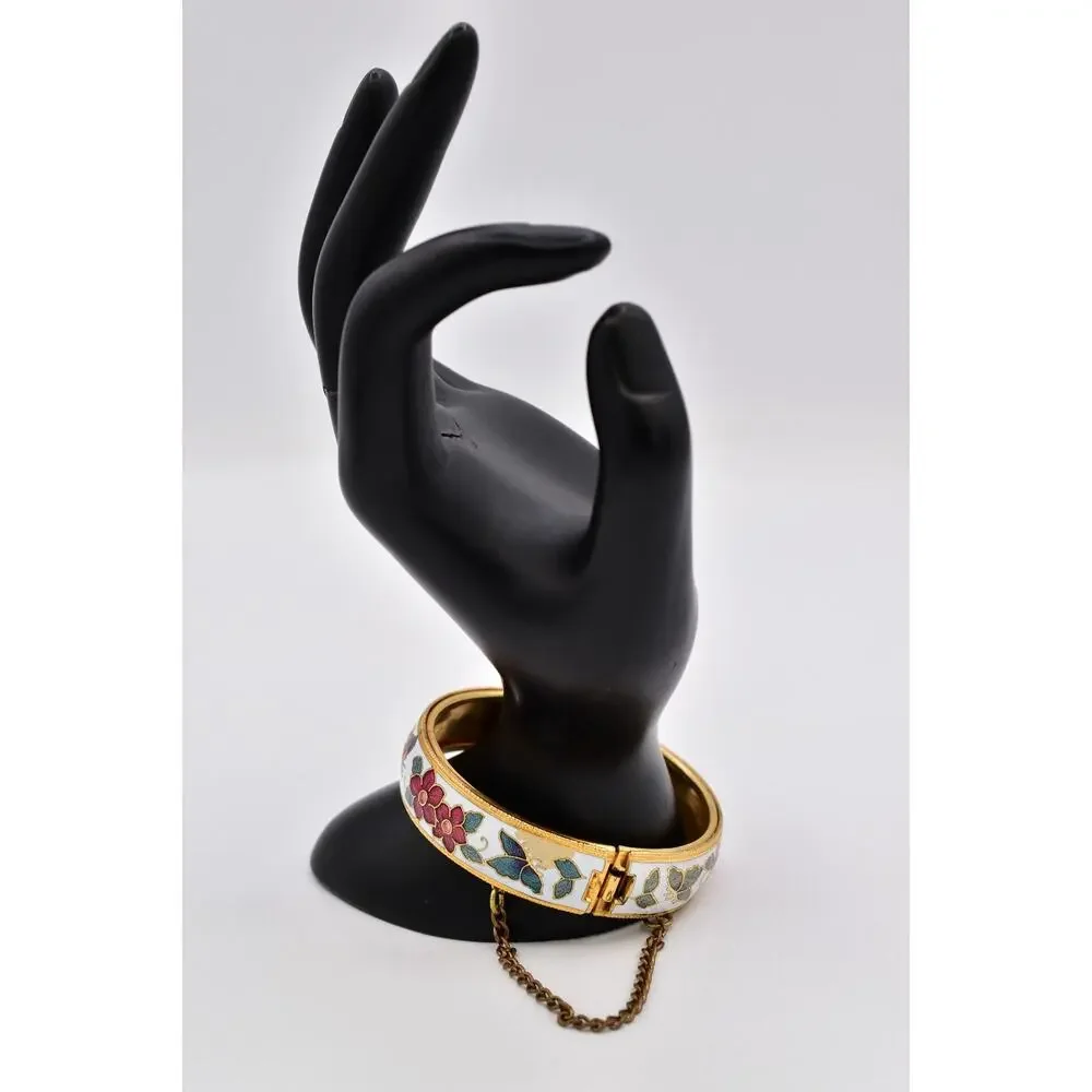 Vintage Cloisonne Enamel Floral Butterfly Gold Tone Hinged Bangle Bracelet BinBR